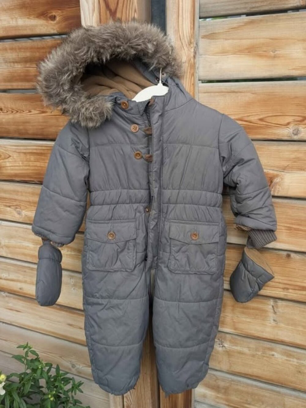 Jacadi Paris Grey Faux Fur hooded Pramsuit Bunting Fleece-Lined Snowsuit, 12M